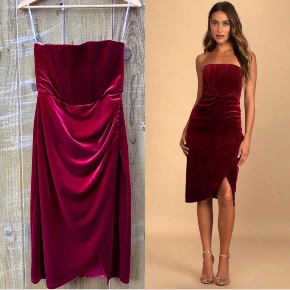 Lulus Red Wine Velvet Strapless Corset Tulip Dress 🌿